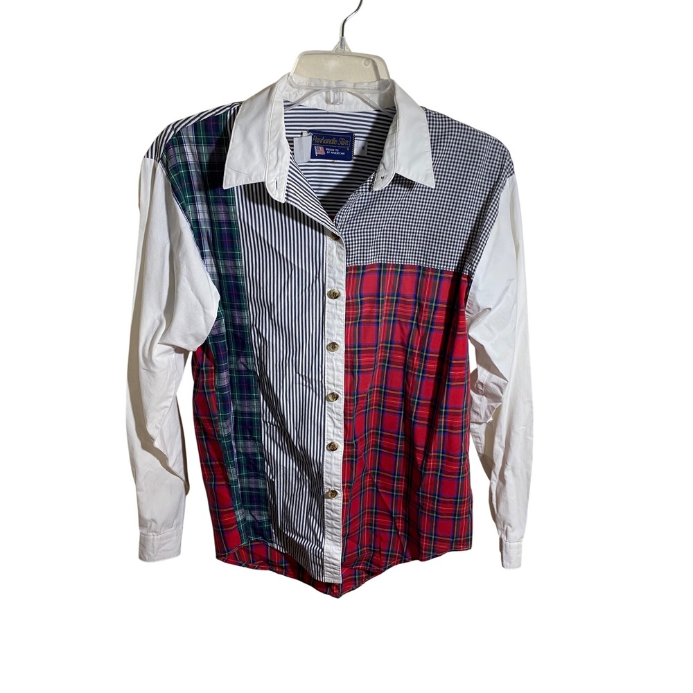 Panhandle Slim Mens Patchwork Plaid Striped Western Button Up Shirt Medium USA